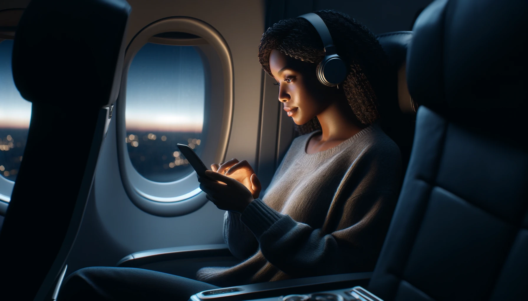 a young African American woman in a window seat, engaged with her smartphone. 