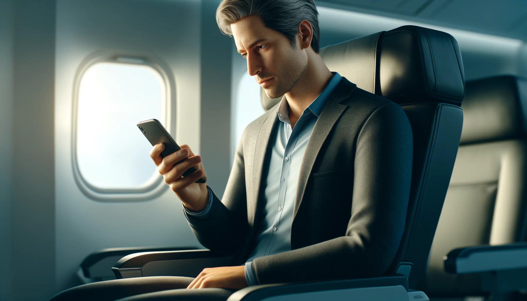 a middle-aged Caucasian male, is seated comfortably in his airplane seat, looking intently at his smartphone.
