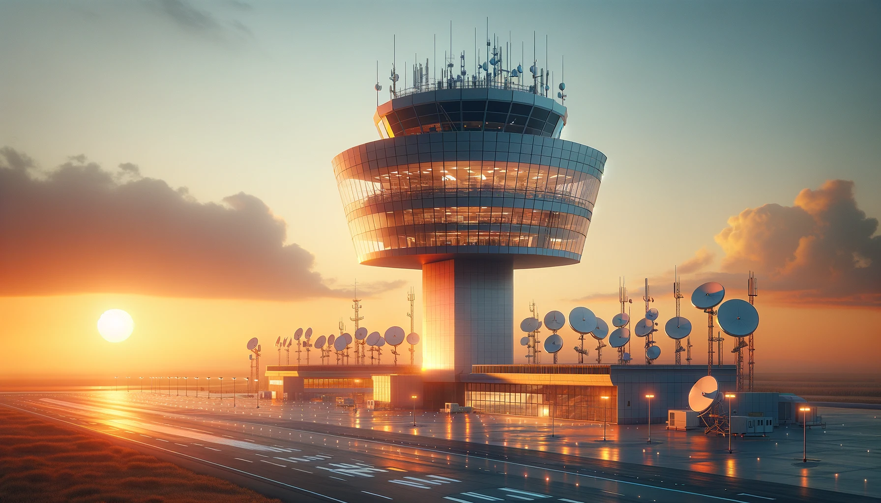 an air traffic control tower at sunset. 