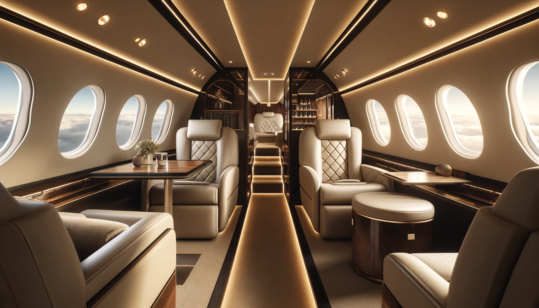 the luxurious interior of a private jet, showing a modern and elegant design with plush leather seats, high-end wood paneling, and ambient lighting.
