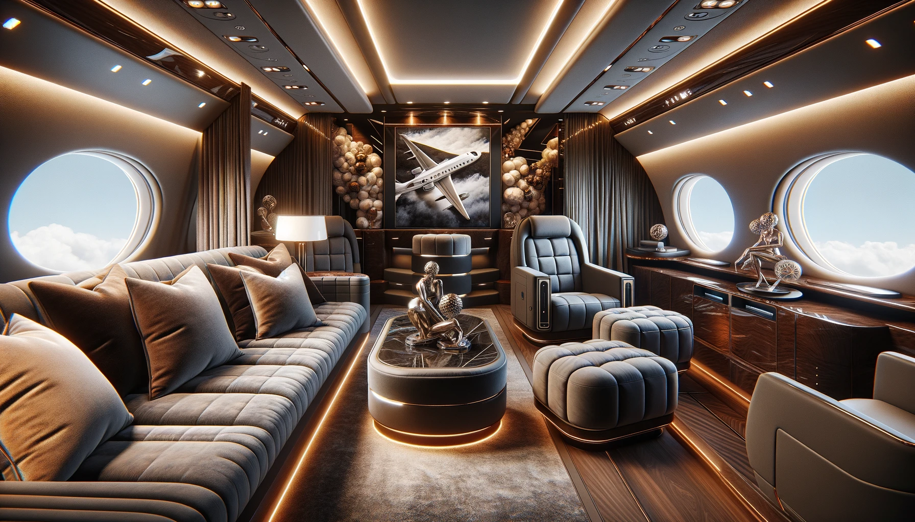 the luxurious interior of a private jet’s entertainment area with a large flat-screen TV and comfortable seating arrangements, including a plush sofa and designer chairs.