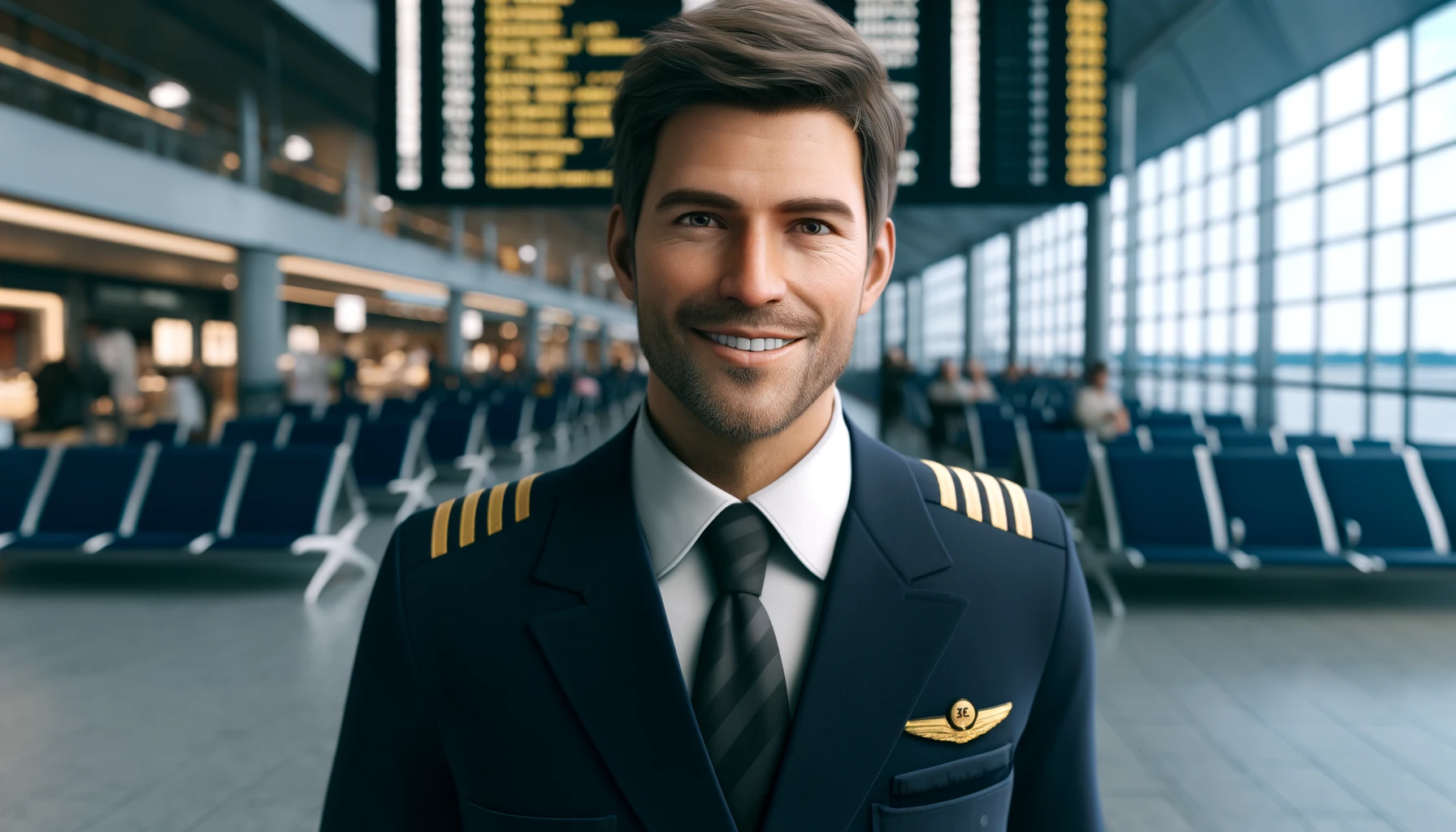a smiling pilot in uniform, standing inside an airport terminal. The pilot is a middle-aged Caucasian male with short brown hair and a well-groomed beard.