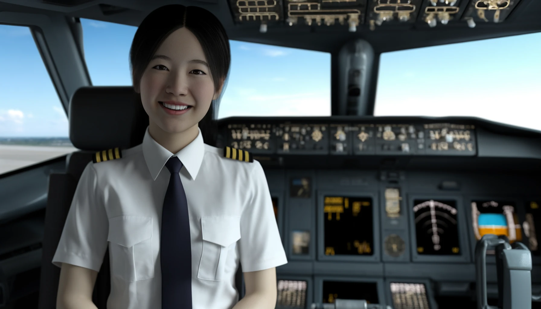 a smiling pilot in uniform, sitting in the cockpit of an airplane. The pilot is an Asian female with long black hair tied back in a ponytail.