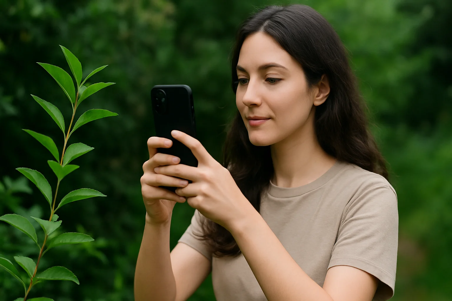 a woman taking picture of a plant outside on her phone