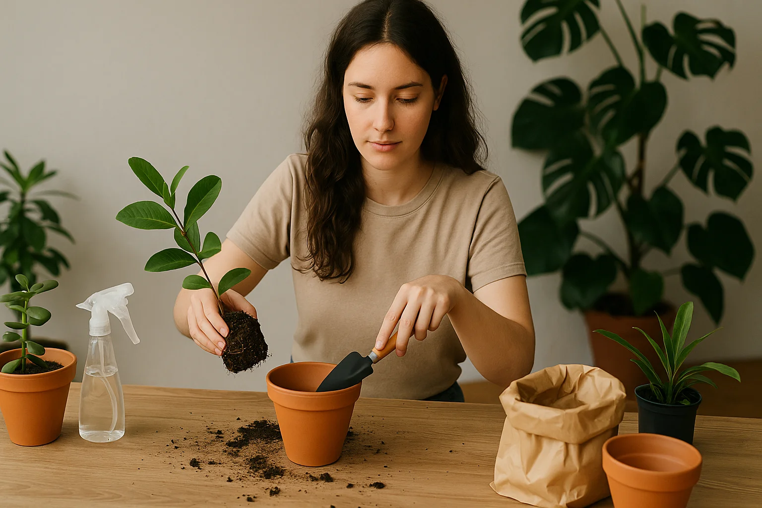 a woman repotting plants inside