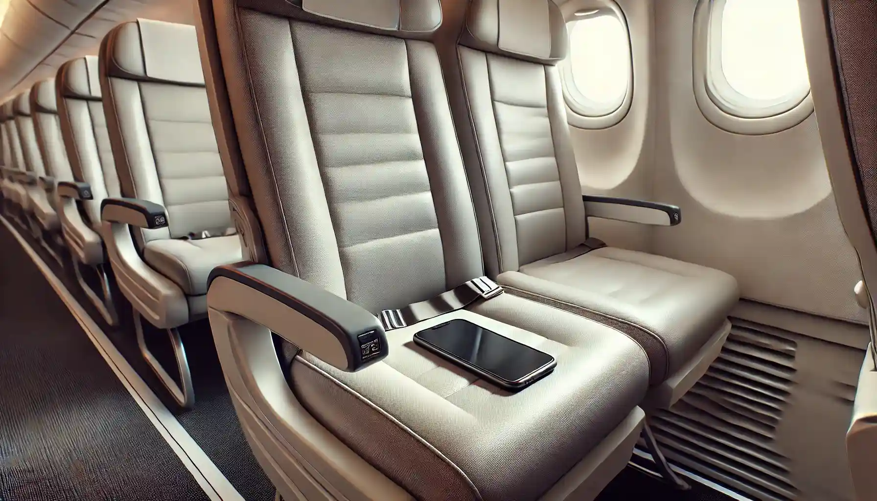 a turned-off smartphone on a beige airplane seat. 