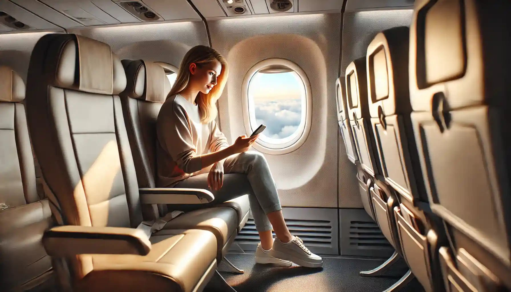 a blonde woman seated in an airplane, casually using her phone. 