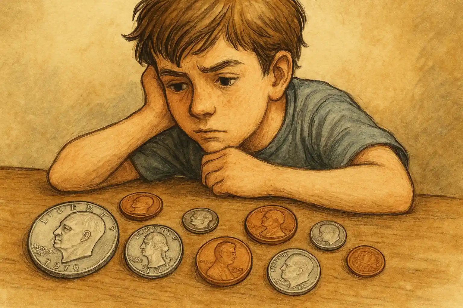  A boy is looking at the collection of coins from the 1970s.