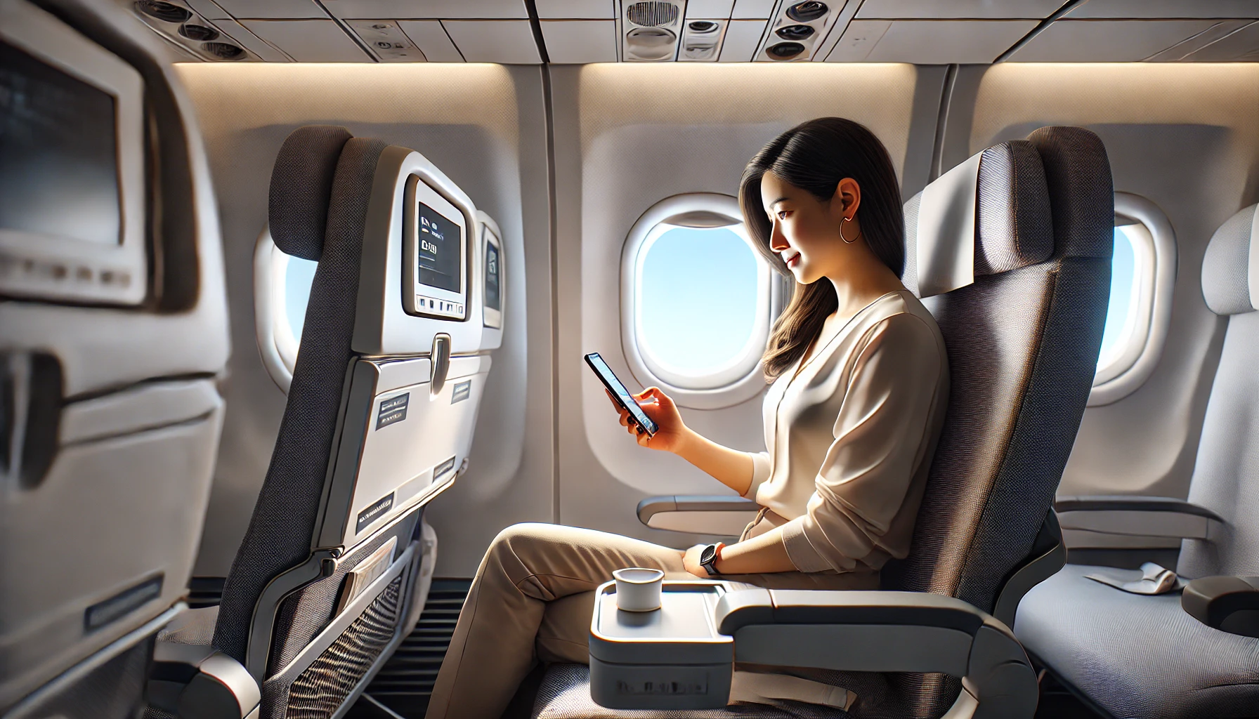 A young lady is seated in an airplane, intently watching her phone, with a view of the sky through the window and the typical interior elements of the plane visible.