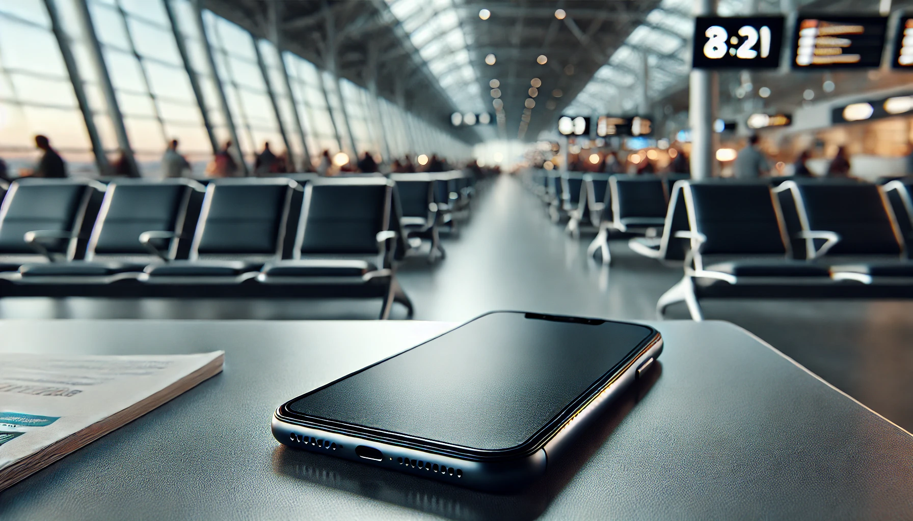 A close-up image of a smartphone, placed on a table in an airport, with the background subtly showing airport seats, large windows, and blurry figures of travelers.